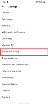 التاريخ والخصوصية على تطبيق يوتيوب