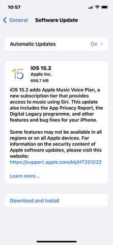 iOS 15.2 update on iPhone