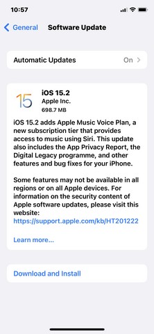 iOS 15.2 update on iPhone