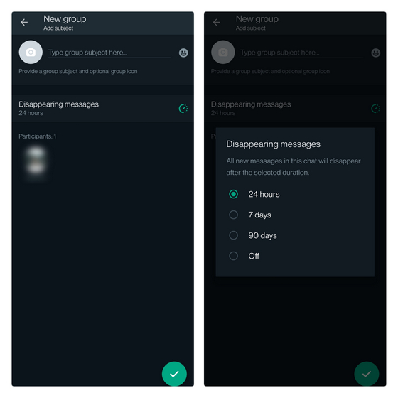 WhatsApp Disappearing Messages timer new group