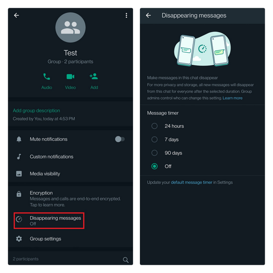 WhatsApp Disappearing Messages timer old group