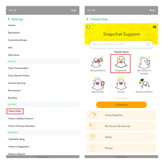 open support to restore Snapstreak in Snapchat