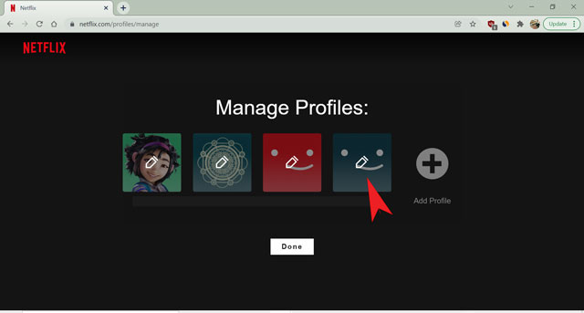 pencil icon while managing netflix profile on web browser
