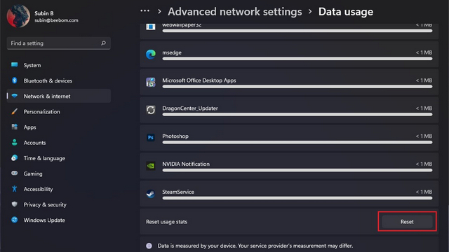 reset data usage