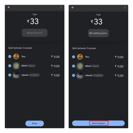send request to split bills on Google Pay