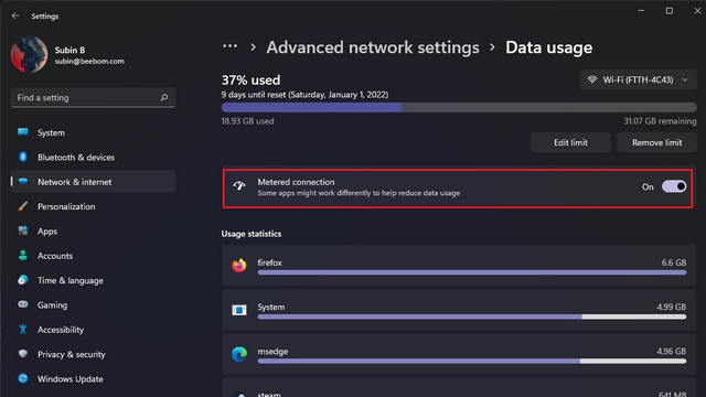 set connection as metered