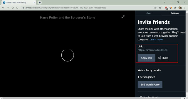 share watch party link on amazon prime