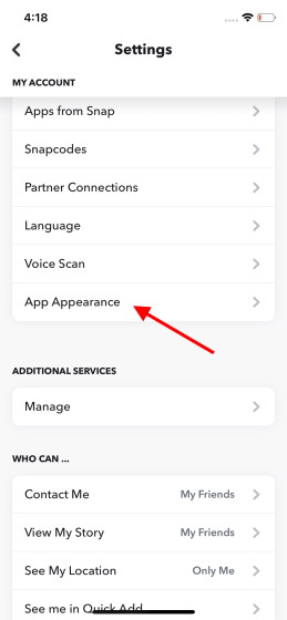 app appearance settings - snapchat ios