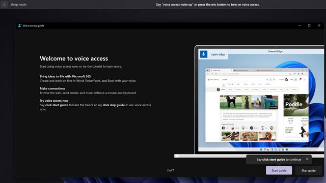 start or skip guide to voice access in windows 11