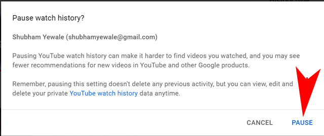 إيقاف سجل Youtube مؤقتًا من نشاطي