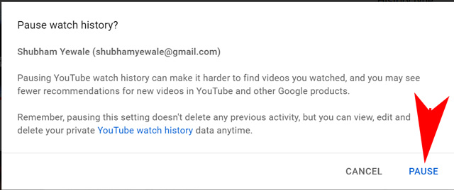 pause Youtube history from My Activity