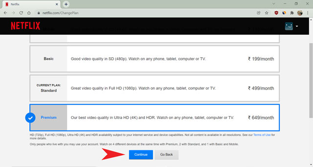 select premium plan to stream 4k in netflix