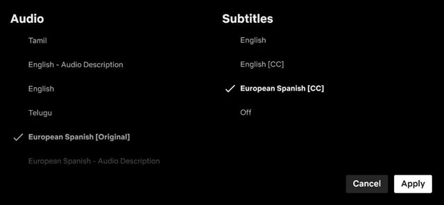 change subtitle and audio language on netflix