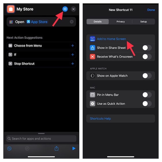 tap the menu button in Shortcuts app for iOS 