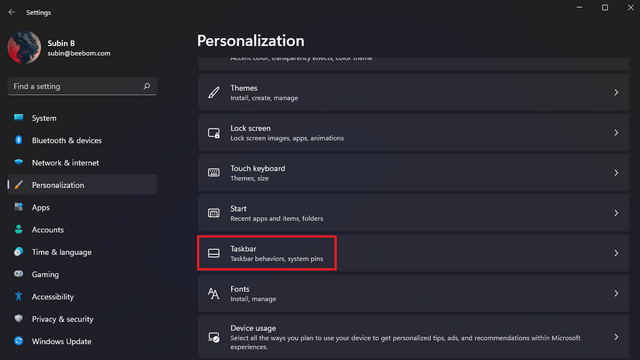 Personalization of the taskbar