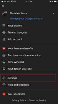 youtube settings on iphone