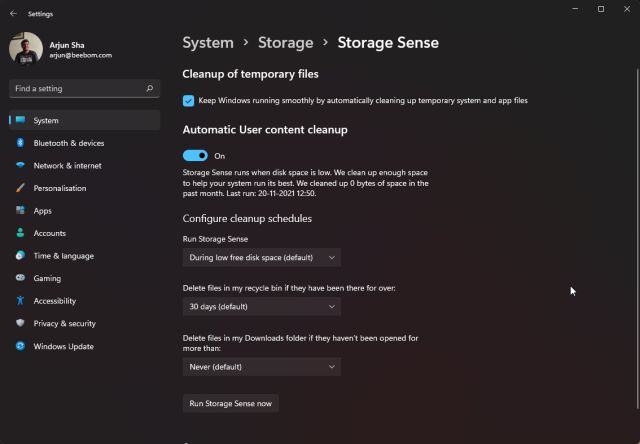 Автоматическое удаление временных файлов Windows 11 с помощью функции Storage Sense