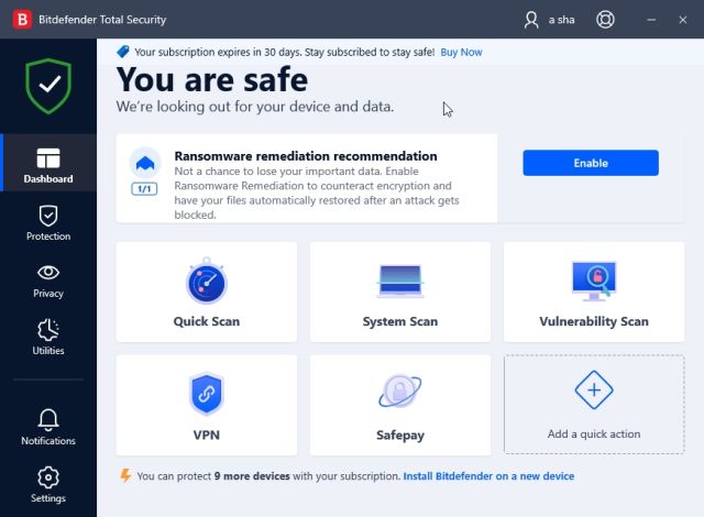 7. Bitdefender Total Security Best Ransomware Protection Software لنظام التشغيل Windows 11 (2022)