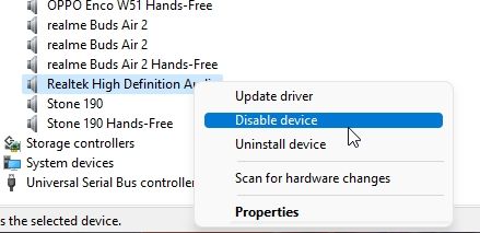 disable realtek and enable it again