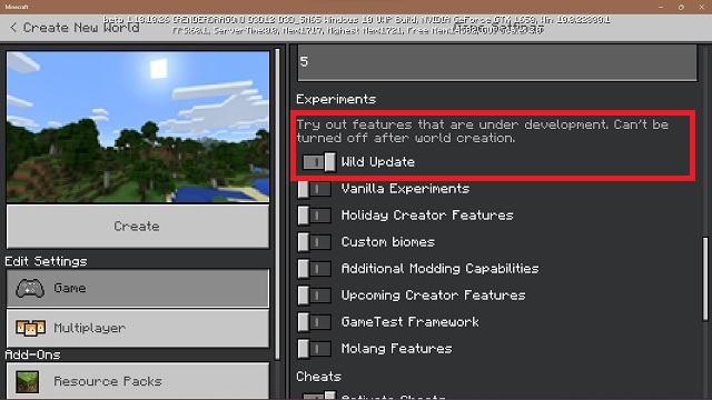 Activate Wild Update in Minecraft Beta New WOrld