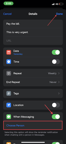 Add message-based reminder on IPhone and iPad 