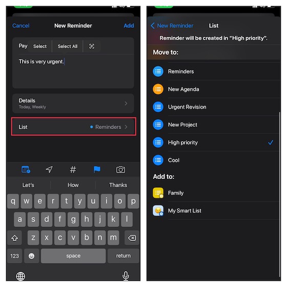 Add your reminder to a list on iPhone and iPad 