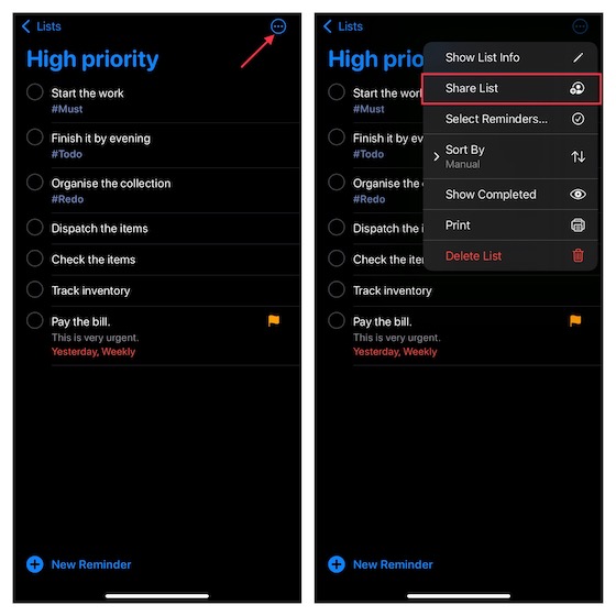 Choose Share List in drop-down menu in Reminders app