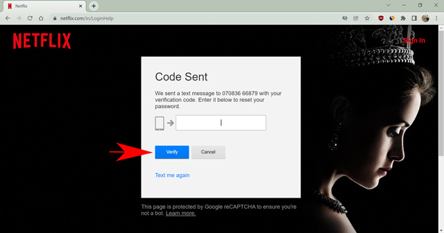 verify netflix code to sent on phone