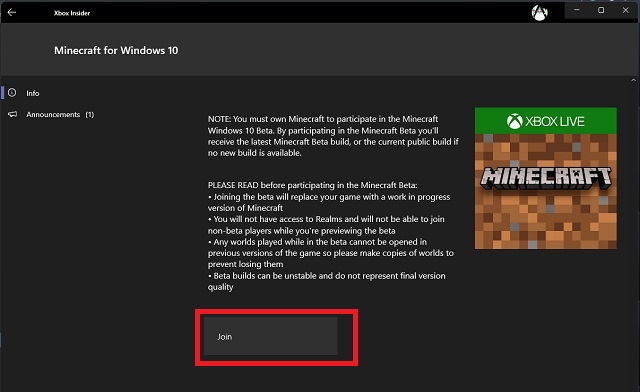 Join Minecraft Beta on Xbox Insider Hub