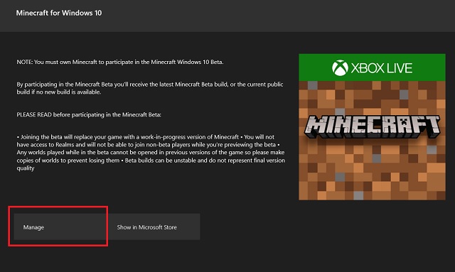 Minecraft for Windows 10 Beta Approved & Manage