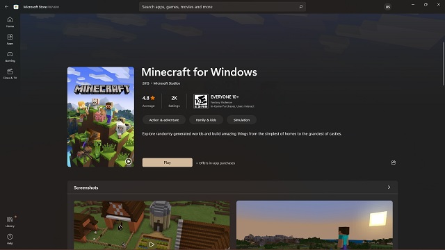 Minecraft for Windows on MS Store