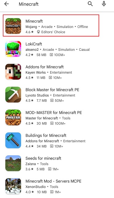 Minecraft on Google Play store