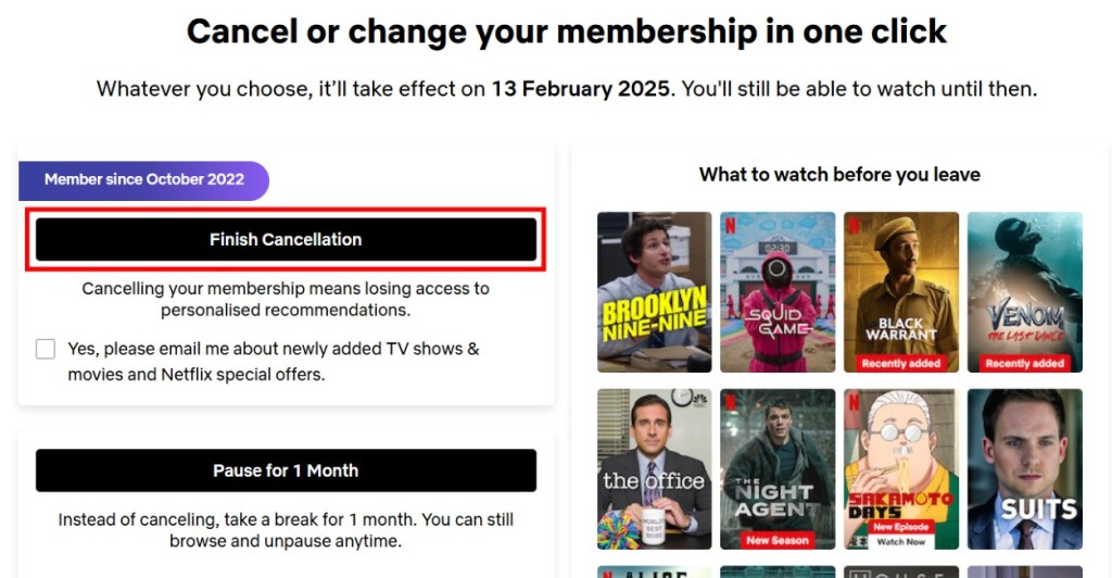 Netflix Web Finish Cancellation Confirmation Page