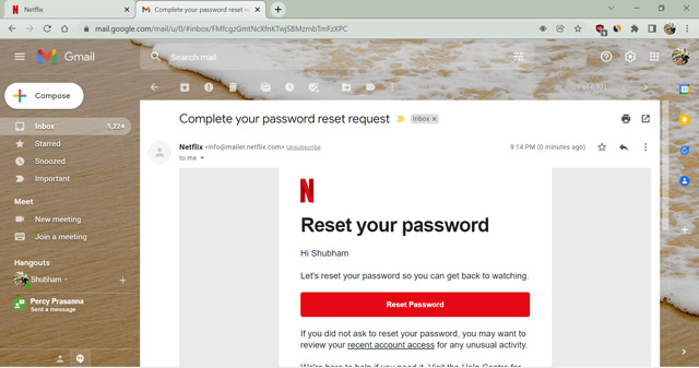 بريد Netflix الإلكتروني مع رابط إعادة تعيين كلمة المرور