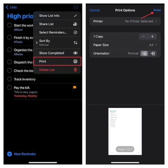 Print your reminder on iPhone and iPad