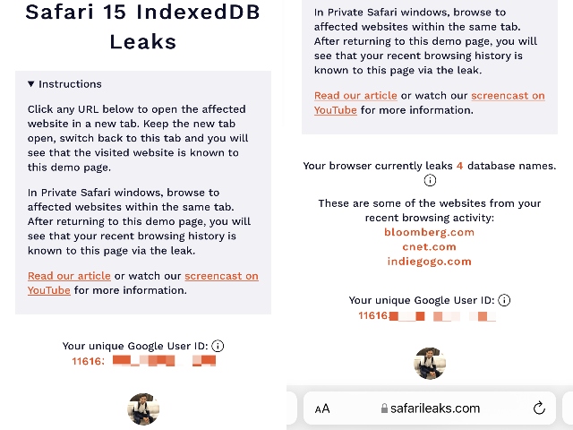 Safari 15 IndexDB Bug tracks browsing history and unique google user ID