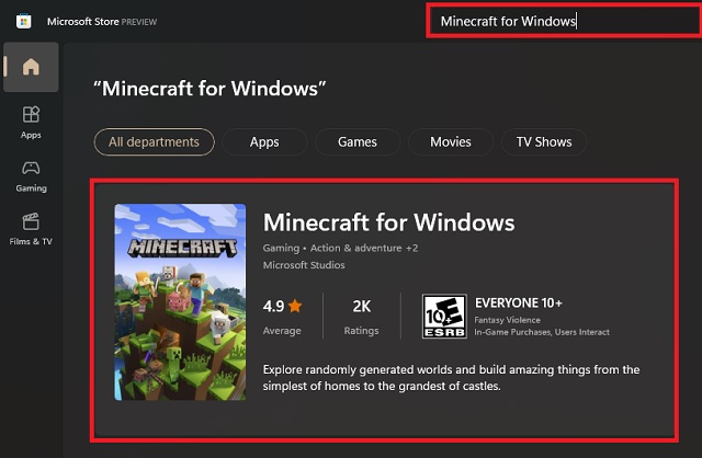 Searching Minecraft for Windows in MS Store