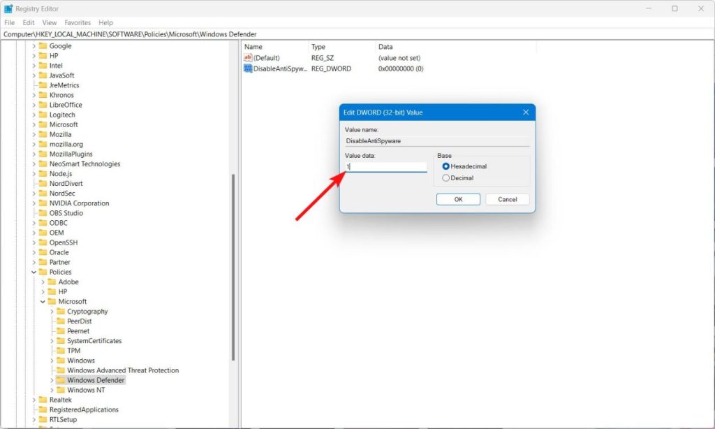 Set the value to one - disable Windows Defender Windows 11