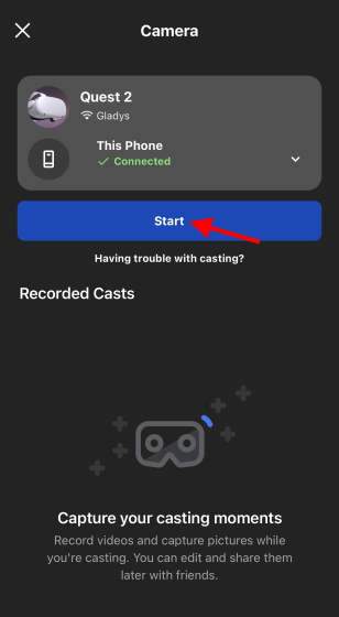 oculus quest 2 cast start button