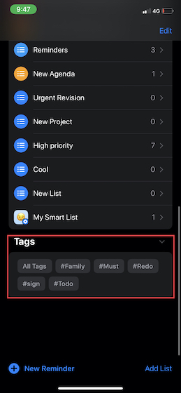Tag browser in Reminders on iOS
