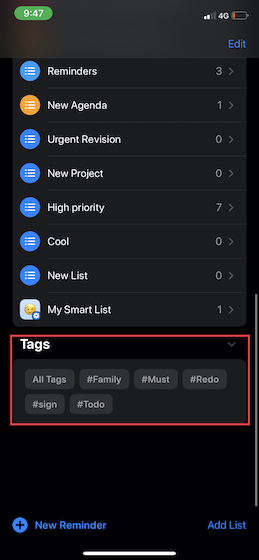 Tag browser in Reminders on iOS 