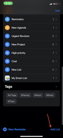 Tap Add List in Reminders app on iPhone and iPad 
