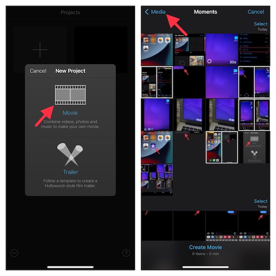 Tap Media in iMovie on iOS and iPadOS