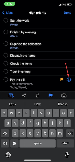 Tap on the i button next to a reminder on iOS