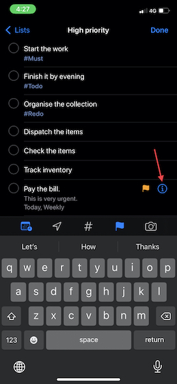 Tap on the i button next to a reminder on iOS 