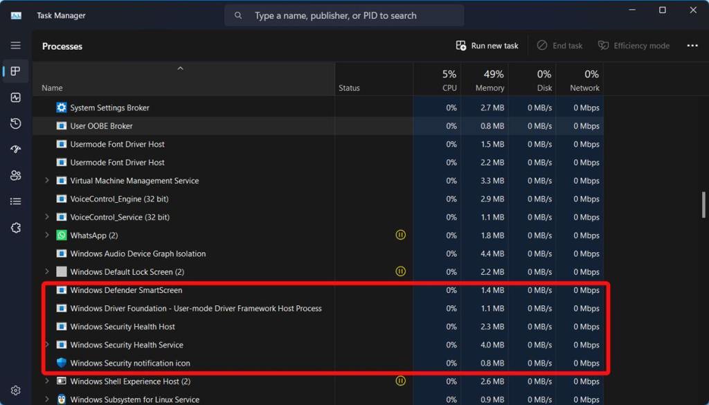 Windows Defender Processes running in Windows 11