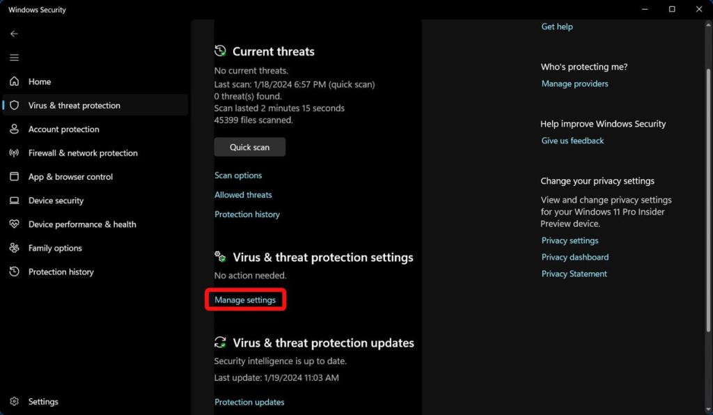 Windows Security manage settings