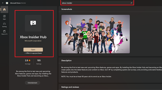 Xbox Insider Hub on MS Store