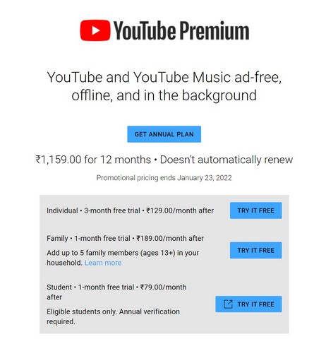 how can i get youtube premium for 1 year in india