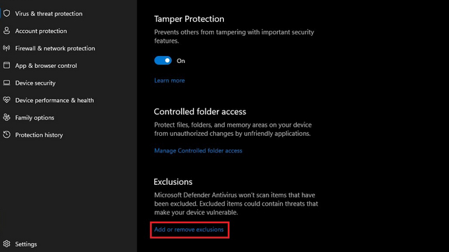 add or remove exclusions